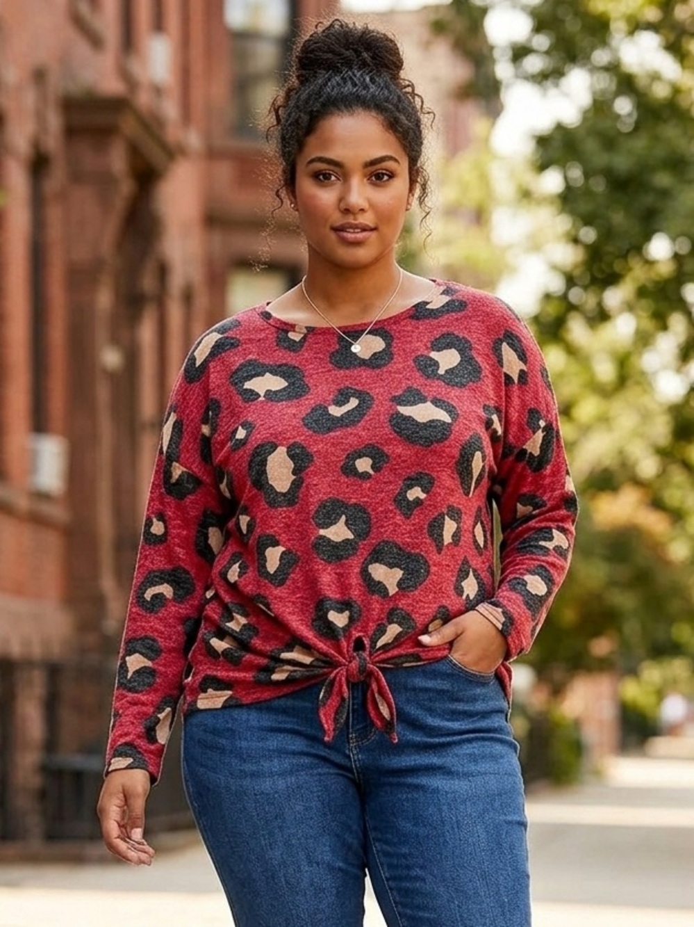 BiBi Red Leopard Print Tie-Front Long Sleeve Sweatshirt